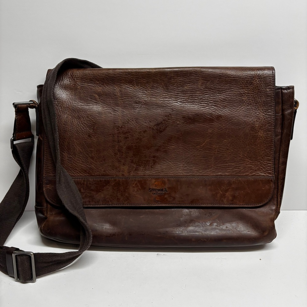 Shinola Detroit Brown Leather Messenger Bag Laptop Briefcase Sewn in USA